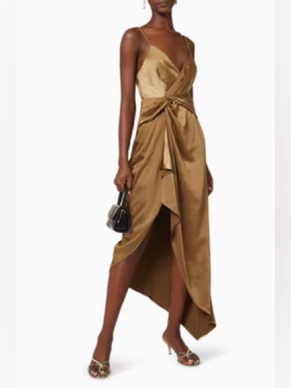 Asymmetrical Satin Wrap Dress in Bronze